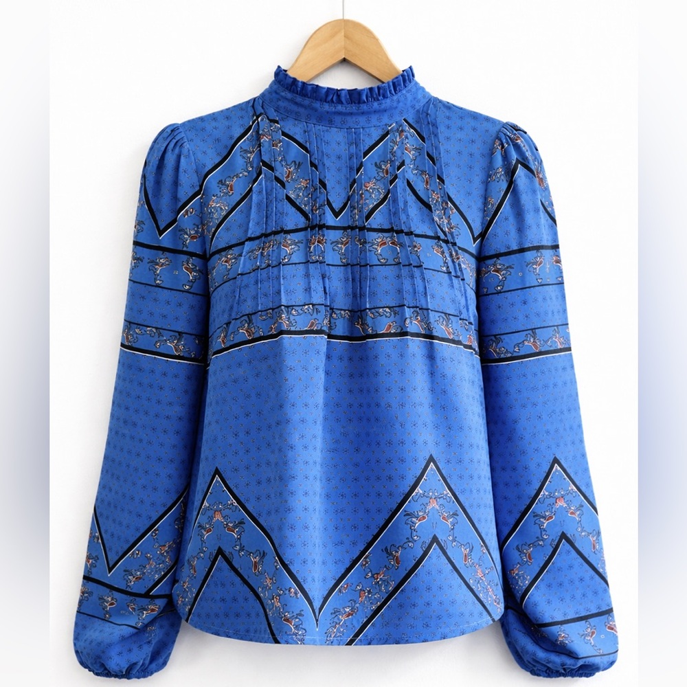 Boho Blue Blouse Balloon Sleeve Ruffle Neck Lightweight S